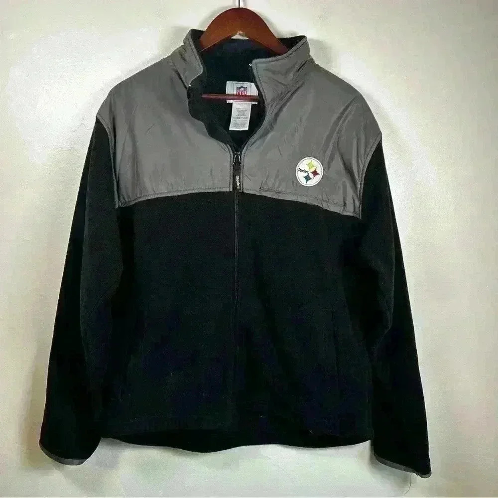 NFL Pittsburgh Steelers Fleece Jacket Mens Medium Black Grey Full Zip Mock Neck